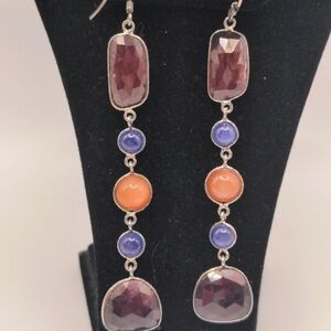 Sapphire, Tanzanite, Peach Moonstone Drop Earrings 3 1/2 " Sterling Silver New